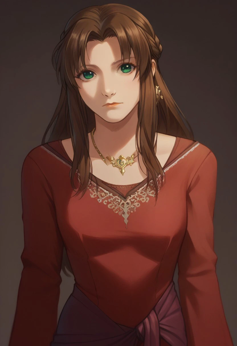 Score_9, score_8_up, score_7_up, score_6_up,Ifalna, 1girl, red dress, brown hair, Green eyes, necklace