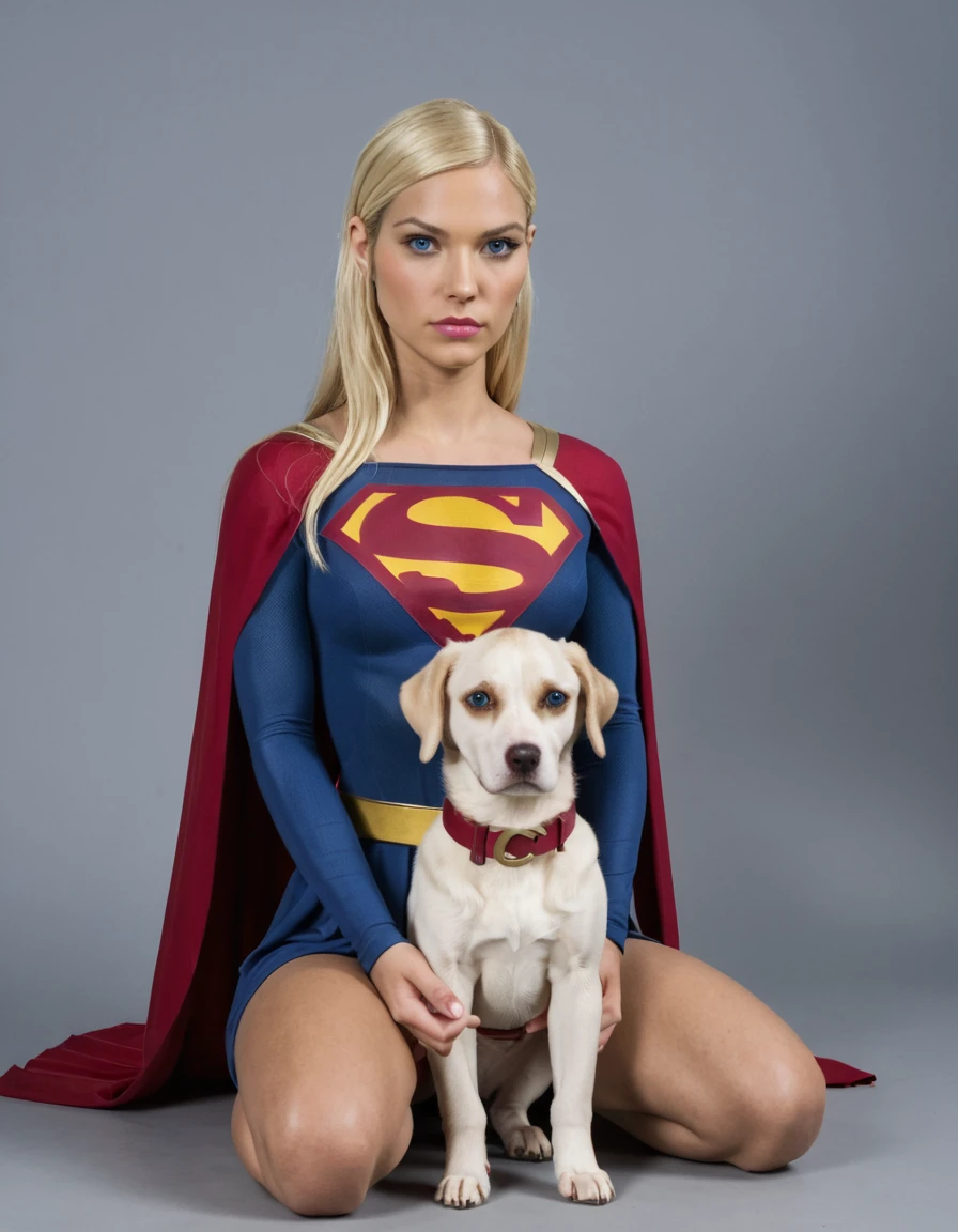 PHOTO, 1girl and 1dog, Kara Zor-El, blonde hair, blue eyes, toned skin, narrow waist, determined expression, Supergirl suit, red cape, cute dog, posing, holding a puppy, 1 dog, puppy