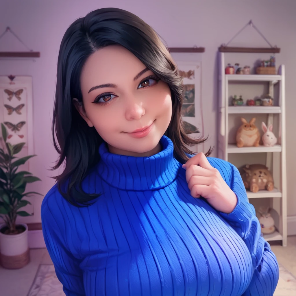 <lora:Pony_BunnyAyumi:1>,score_9, score_8_up, score_7_up, masterpiece, best quality, bunny@yu, 1girl, large breasts, solo, black hair,  sweater, ribbed sweater, blue sweater, realistic, lips, upper body, medium hair, looking at viewer,  brown eyes, indoors, seductive smile,