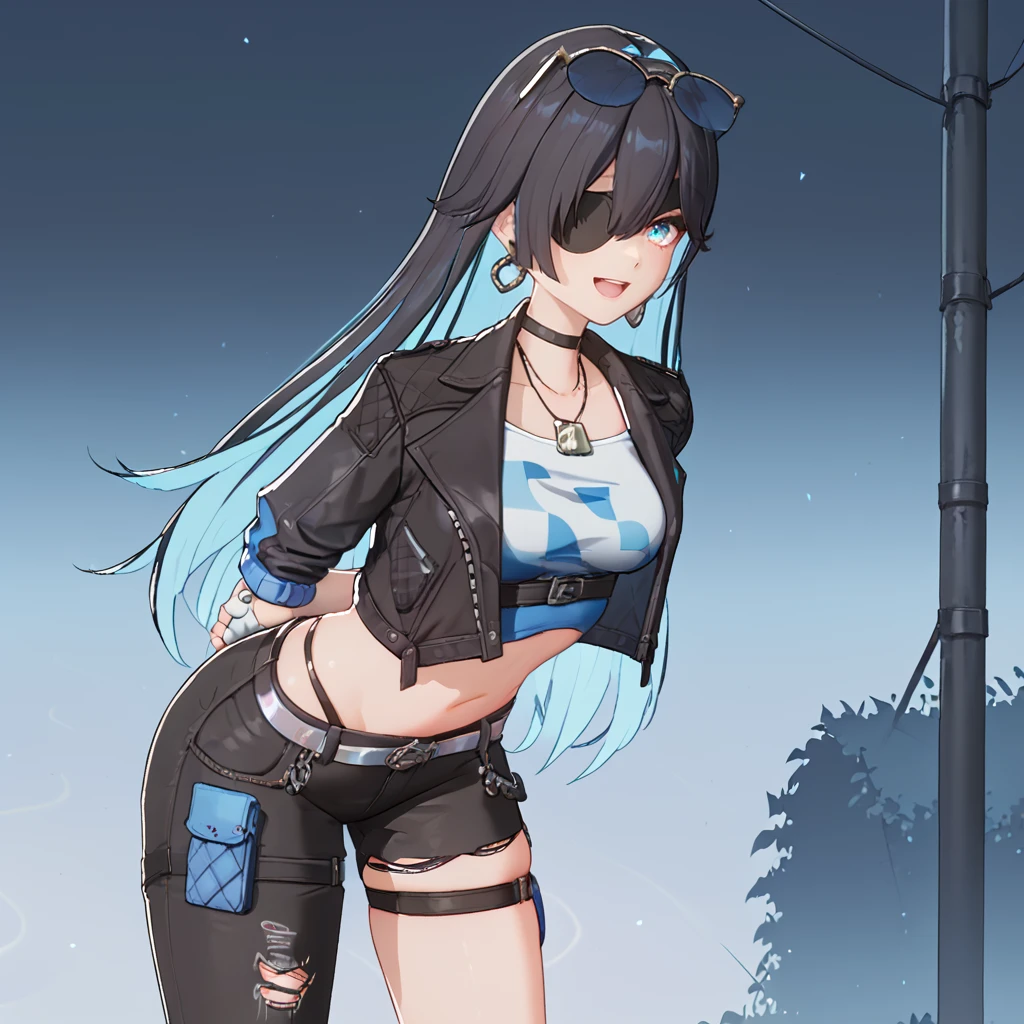 zPDXL3, 1girl,solo, xiva, black hair, blue eyes, eyepatch, long hair, blue hair, multicolored eyes, multicolored hair, breasts, two-tone hair, jewelry, fingerless gloves, earrings, sunglasses, midriff, cropped jacket, open jacket, pants, black jacket, crop top, white gloves, eyewear on head, black belt, thigh strap, black pants, asymmetrical legwear, torn pants, blue and white shirt,
standing, cowboy shot, smile, looking at viewer, open mouth, (leaning forward:1.2), (arms behind back:1.2), 
outdoors, forest,
score_9, score_8_up, score_7_up, masterpiece,
<lora:xiva:0.85>