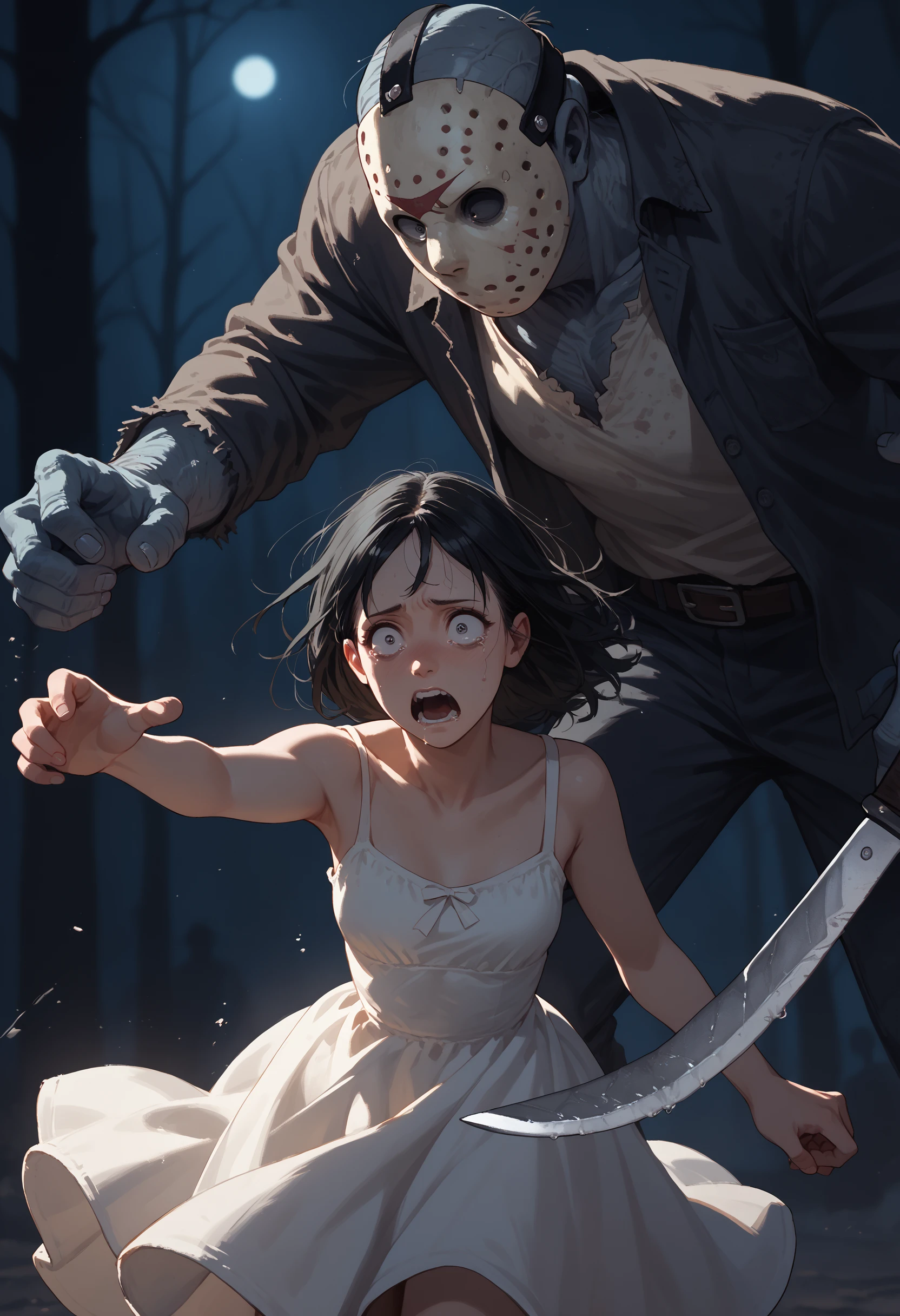 score_9, score_8_up, score_7_up, score_6_up, 1girl, black hair, sundress, running from monster,
monster, 1boy, holding machete, couple, night, scared, dark background, reaching,
<lora:jason_voorhees_v0.5-pony:1>