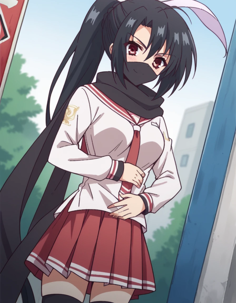 score_9, score_8_up, score_7_up, source_anime, <lora:hina-fuuma-AA-ponyxl-lora-nochekaiser:1>, hina fuuma, long hair, black hair, red eyes, hair ribbon, ponytail, medium breasts,, scarf, mask, mouth mask, ninja, skirt, thighhighs, school uniform, serafuku, zettai ryouiki, white shirt, long sleeves, red sailor collar, necktie, red necktie, red skirt, pleated skirt,, bus stop, waiting, commuter, smartphone, checking time, cold morning, smile, hand on stomach, blush,, looking at viewer, solo,, dutch angle, cowboy shot