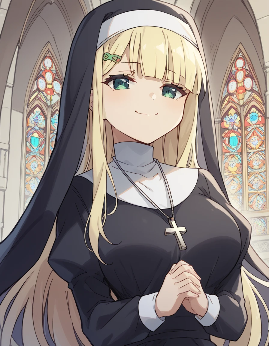 score_9, score_8_up, score_7_up, source_anime, <lora:sk-yomi-s1-ponyxl-lora-nochekaiser:1>, yomi, long hair, blonde hair, hair ornament, green eyes, hairclip, bangs, blunt bangs, large breasts,, <lora:traditional-nun-ponyxl-lora-nochekaiser:1>, traditional nun, nun, habit, long sleeves, dress, black dress, jewelry, black veil, cross, cross necklace,, church, smug, praying,, , dutch angle, cowboy shot