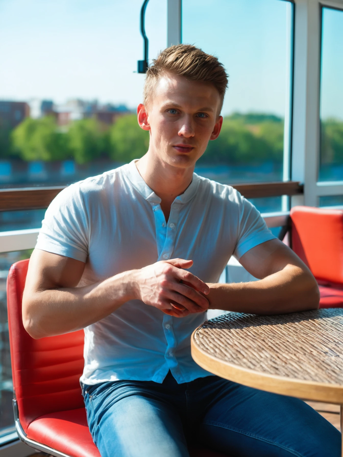 score_9, score_8_up, score_7_up, solo, photo, \(medium\) <lora:(Je0rg)SDXL:1> (Je0rg), twink, skinny fit body, a photorealistic candid still, sitting at a cafe, jeans and white buttoned up dress shirt, (fit 20 year old twunk), muscular fit build, skinny waist, light blue eyes, clean shaven, smooth everywhere, ((fully clothed)), skinny fit, artistic shot, light and shadows, RAW photo, detailed photo, gorgeous, shallow depth of field, volumetric lighting, (surreal:0.4), hyper detailed photorealistic life-like accurate proportional 8k sharp focus, (accurate cinematic lighting), photorealistic detail, <lora:add-detail-xl:0.7>