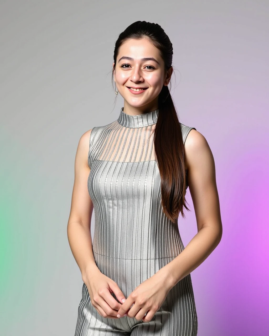 headshot photo of Priyal Gor woman,candid photo with natural colors, smiling expression on face,nose pin,studio quality, wearing intricate high neck elegant Silver sleeveless Kurti with Leggings, high ponytail, pastel shaded multicolored background, cinematic lighting<lora:TestBed\Priyal_Gor_Flux_Kohya_V1-000002.safetensors:1.0:1.0>