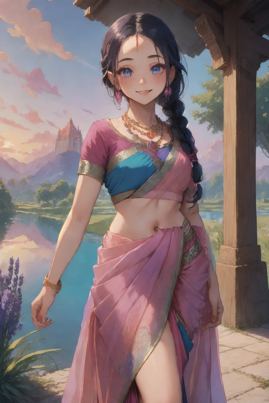 (absurdres), masterpiece, best quality, vibrant colors, intricate background, lavender field, lake, sunset, 1girl, smile, pose, blue eyes, black hair, twin braids, forehead jewel, necklace, jewelry, <lora:Saree_V2 1.5:0.5>  saree_, pink sari, blue crop top, short sleeves, midriff, side slit, perfect lines, red lipstick,