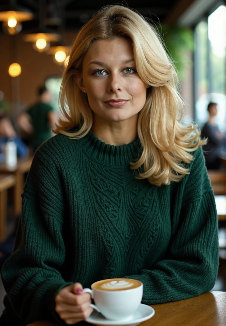 A professional photograph of a blonde haired young woman, Jilly_Johnson, wearing a dark green cable-knit sweater, holding a latte in a cafe, detailed skin, bokeh, SFW<lora:Jilly_Johnson-000018:1>