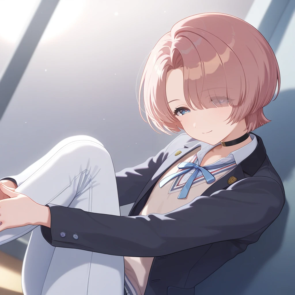 1girl, arimura mao, brown hair, blue eyes, short hair, hair over one eye, flat chest, tomboy, blue ribbon, open jacket, blazer, neck ribbon, school uniform, collared shirt, white shirt, beige cardigan, white pants, <lora:Arimura_Mao-03:0.8>, looking at viewer, solo, black choker, cowboy shot, androgynous, circle, closed mouth, dutch angle, fingers together, knees to chest, reverse trap, smile, tsurime, , detailed eyes, volumetric lighting, shiny skin, humid skin, BREAK, best quality, amazing quality, highres, absurdres, very aesthetic, high resolution, ultra detailed, perfect details <lora:nyalia:0.4>