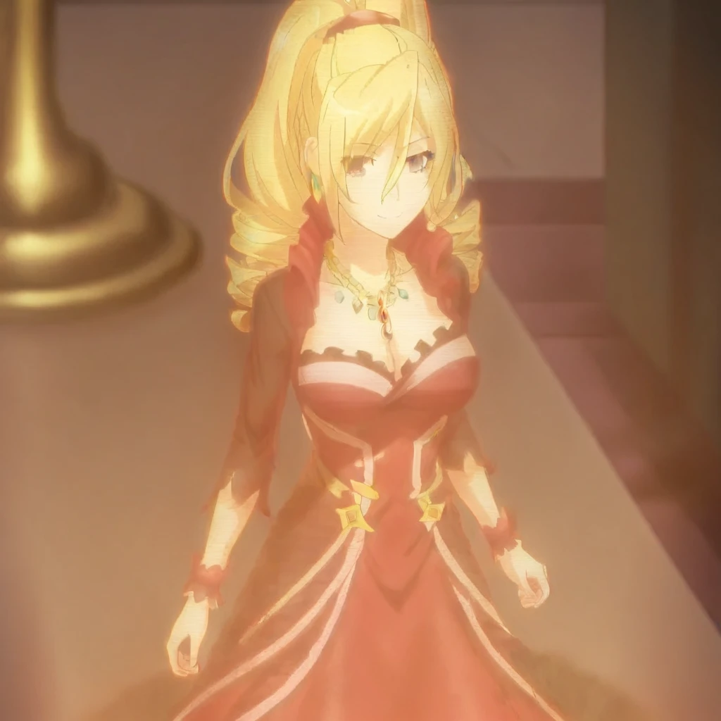 l4dyph3n3x,Lady Phenex,Lady Phenex (high school dxd), 1girl, solo, long hair, breasts, looking at viewer, smile, blonde hair, dress, cleavage, hair between eyes, jewelry, ponytail, necklace, drill hair, red dress