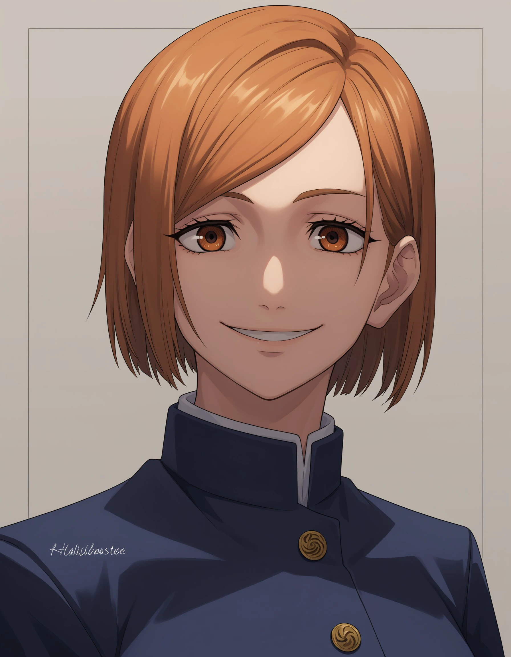 1girl, kugisaki_nobara, solo, short_hair, school_uniform, brown_hair, looking_at_viewer, smile, brown_eyes, shaded_face, hair_between_eyes, signature, portrait, orange_hair, score_9, score_8_up, score_7_up, masterpiece, best quality, very aesthetic, absurdres, <lora:57a177e0-e44e-45e4-a59d-d269af0302ec:0.7>