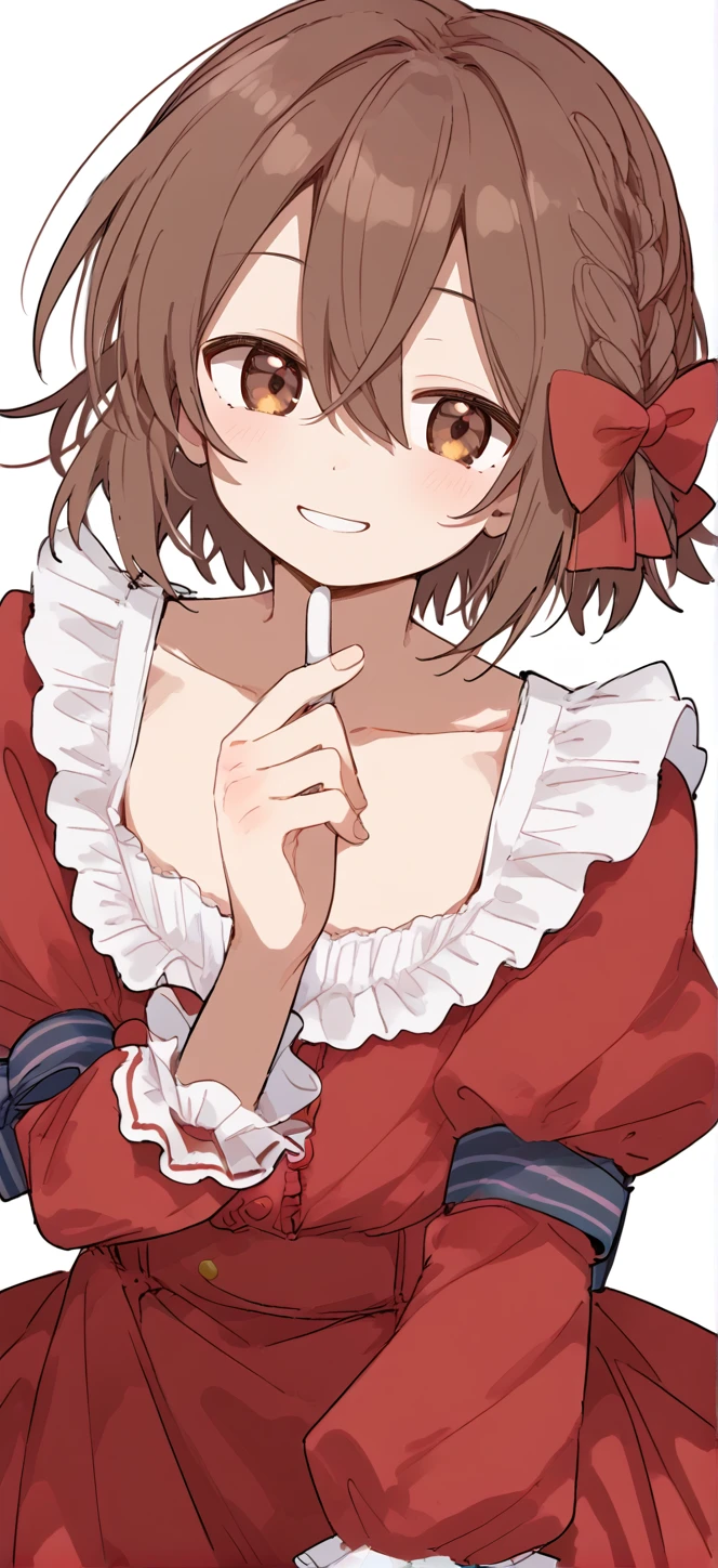 1boy,solo,male focus,asuka,brown hair,short hair,hair between eyes,brown eyes,braid,frills,bow,hair bow,smile,red dress