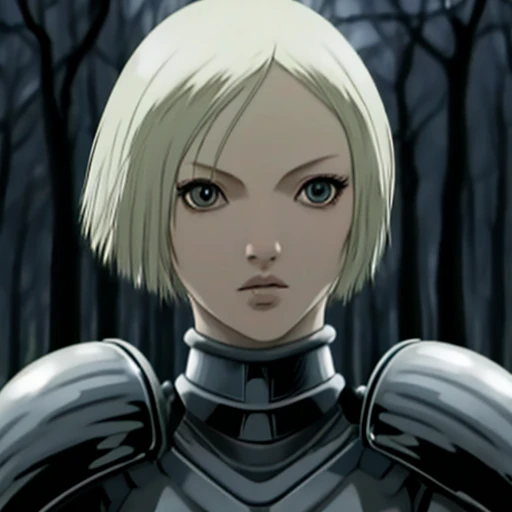 1girl, claymore, armor, bare tree, blurry, blurry background, depth of field, face, forest, looking at viewer, nature, night, outdoors, short hair, solo, tree  <lora:Claymore_2007_Artstyle:1>