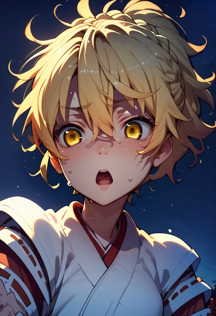 score_9, score_8_up, score_7_up, 
kun0u ,Kunou ,
 1girl, solo, short hair, open mouth, blonde hair, hair between eyes, yellow eyes, ponytail, braid, sweat, japanese clothes, sky, sweatdrop,night,  night sky,  anime coloring