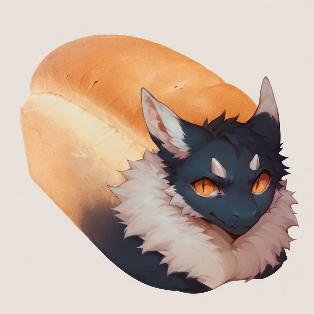 score_9_up, score_8_up, score_7_up mikus-concept, face on bread, face added in foreground, white background, black fur, dragon, white horns