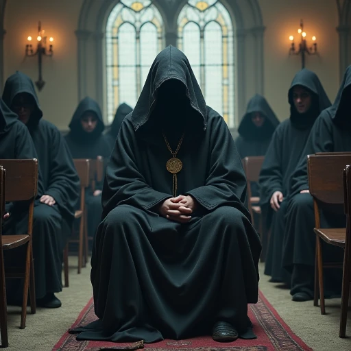 an image of a cultist of the bretheren sitting on a folding chair in a church hall with a number of other hooded figures