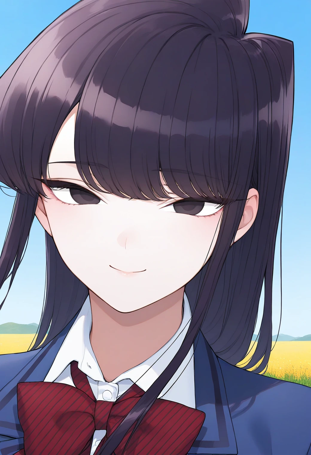 smile, closed mouth, 
komi_shouko, black eyes, black hair, long hair, school uniform, red bowtie, blue jacket, blazer, long sleeves, <lora:komi_shouko_illustrious_ver1:0.8>, masterpiece, best quality, sensitive,, 1girl, solo, (field:1.2), (blue sky:1.2),, (upper body:1.2), (close-up:1.2), (facing viewer:1.2), (open eyes:1.4), (portrait:1.2)