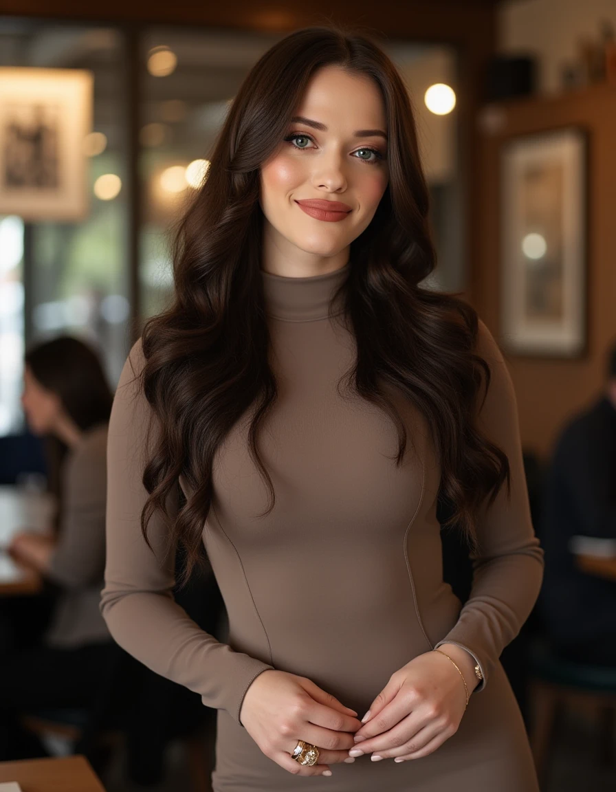 <lora:Kat_Dennings_Flux:1> This is an image of a women, beautiful detailed photograph,  brown hair cascading , makeup  wearing a formfitting turtleneck dress, standing in cafe looking at the viewer, smile