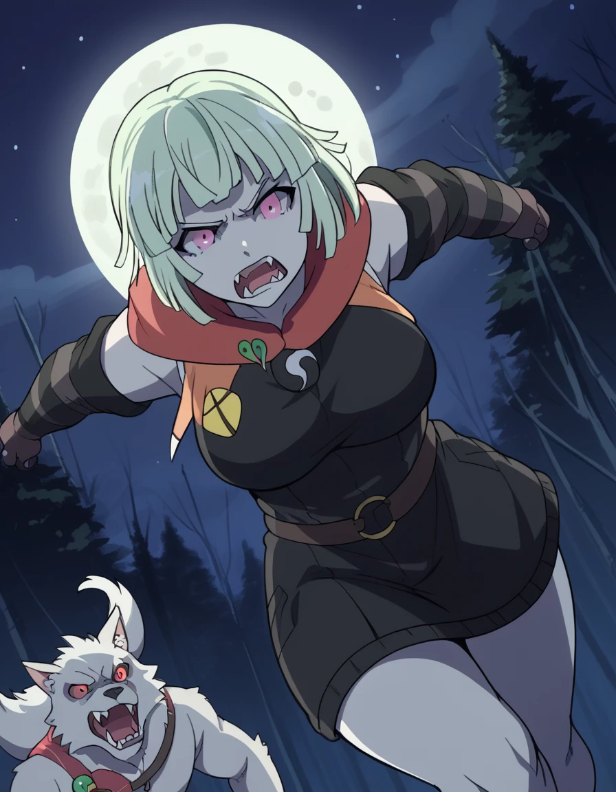 score_9, score_8_up, score_7_up, source_anime, <lora:sk-naraku-s1-ponyxl-lora-nochekaiser:1>, naraku, short hair, green hair, pink eyes, light green hair, large breasts,, <lora:werewolf-ponyxl-lora-nochekaiser:1>, werewolf, furry, fangs, animal ears, gloves, angry, teeth, animal ear fluff,, forest, night, moon, open mouth, , dutch angle, cowboy shot