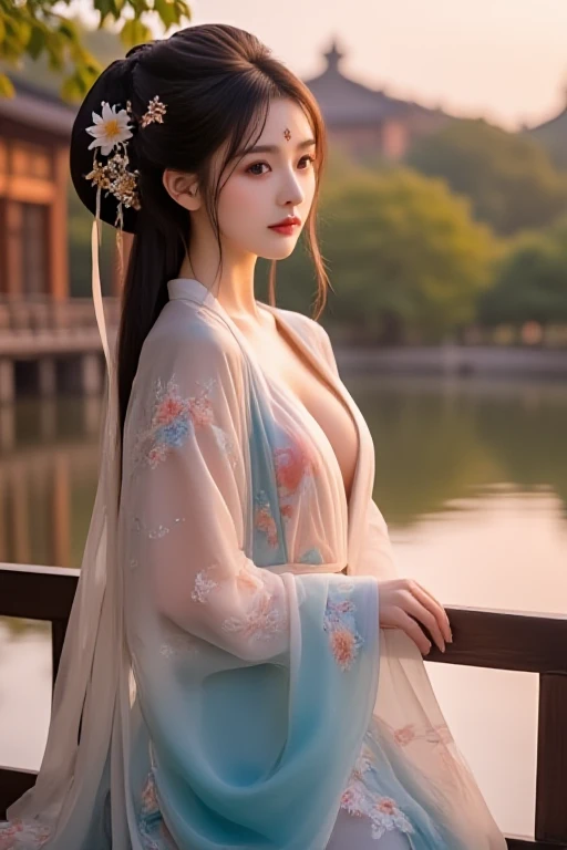 medium shot, 1girl, a young woman, a chinese female, straight neckline dudou, floral embroidery pattern wide sleeves, see through chiffon hanfu, see through chinese clothes, skinny, petite, moist eyes, hourglass figure, fair skin, hair ornament, hair flower, braided updo, long hair, forehead mark, facial mark, chinese palace, realistic, portrait, garden, pavilion, waterside, willow, hnad on own chest, rainbow gradient dress, sunset, <lora:TangfengNetidolFace_flux:1>