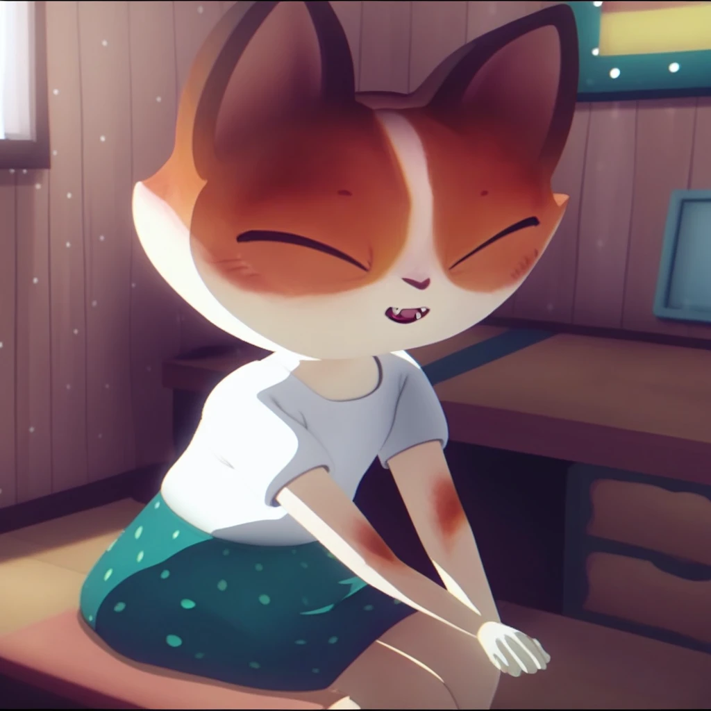 no humans, cat ears, teeth, closed eyes, white shirt, open mouth, jewelry, skirt, 1girl, closed mouth, looking at viewer, anthropomorphic cat, fangs, polka dot, letterboxed, indoors, sitting, furry