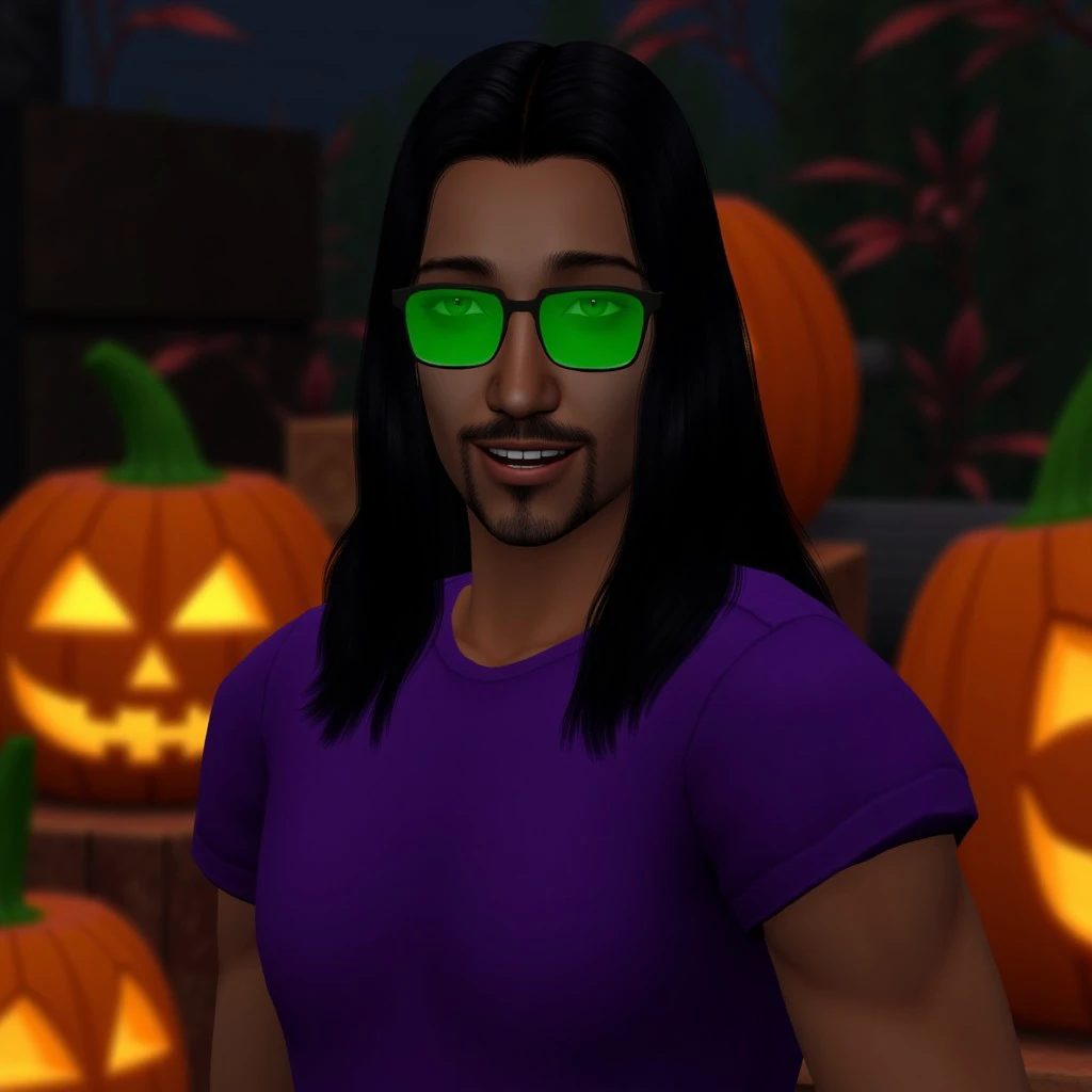 portrait,looking at viewer,halloween, pumpkins, night, darkness, gothic, autumn leaves,posing,outdoors,1man, black hair, (long hair)), brown eyes, green sunglasses, ((tanned skin)), beard stubble, purple t-shirt,smile,portrait,ts2style