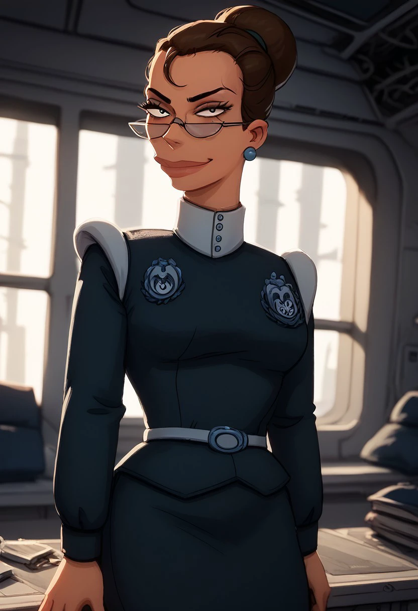 Score_9, score_8_up, score_7_up, best quality, eyedetailxl, bettereyes, detailed_eyes, black pupils, 
Break,
Morgan Proctor, 1girl, single hair bun,Strand of hair over forehead, glasses,Uniform, skirt, belt, badge, earrings, jewlery, high heels, looking at viewer, staring at viewer, seductive expression, upper body, close up, smirk,
Break,
Indoors, spaceship,