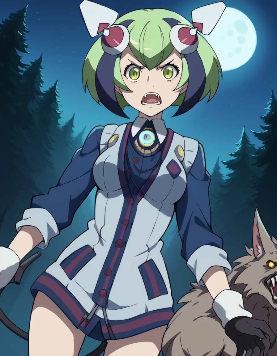 score_9, score_8_up, score_7_up, source_anime, <lora:mira-yurizaki-s1-ponyxl-lora-nochekaiser:1>, mira yurizaki, short hair, medium breasts, green eyes, multicolored hair, green hair, two-tone hair, streaked hair, headgear, android, mechanical tail, cable, tail, medium breasts,, <lora:werewolf-ponyxl-lora-nochekaiser:1>, werewolf, furry, fangs, animal ears, gloves, angry, teeth, animal ear fluff,, forest, night, moon, open mouth, , dutch angle, cowboy shot