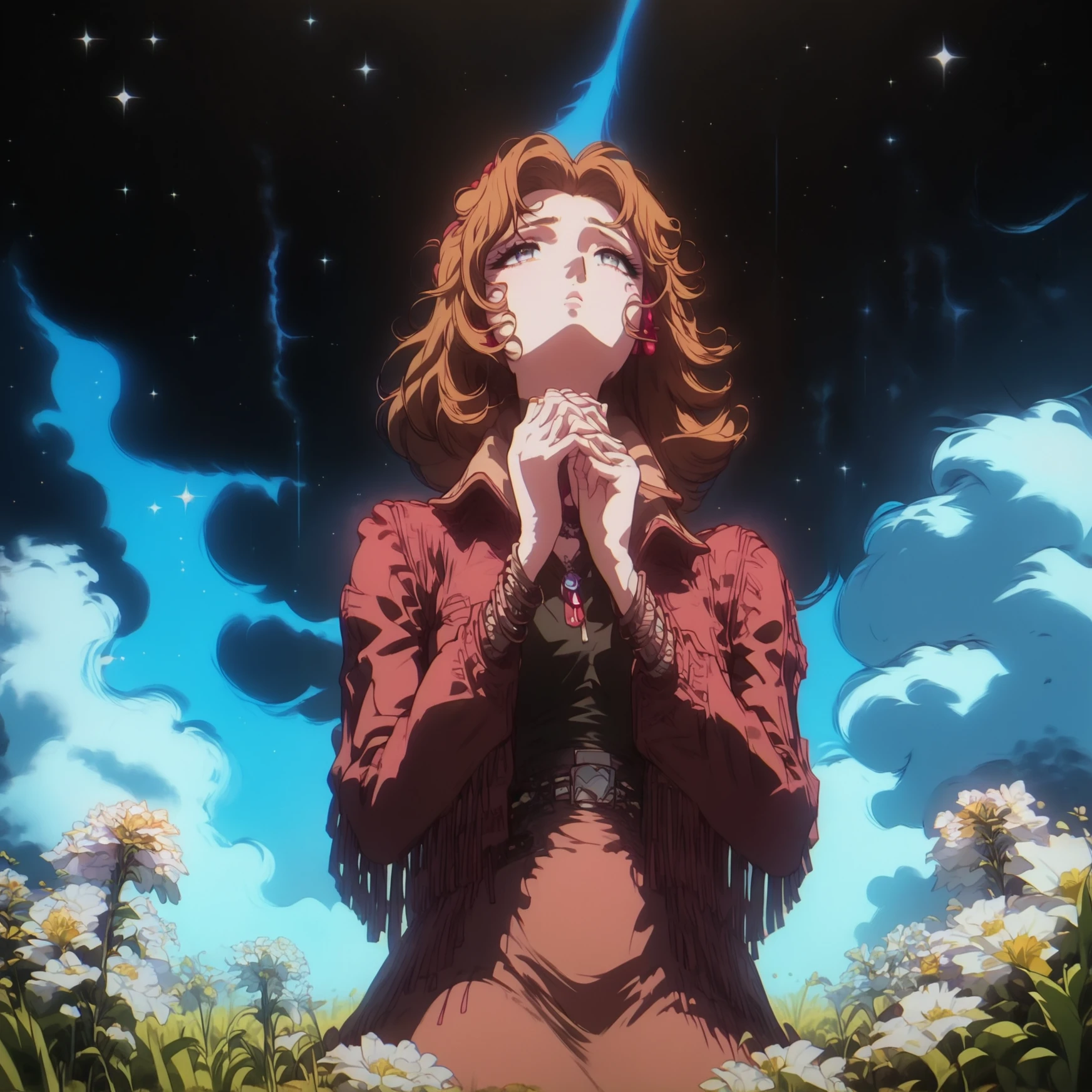 (highres), (absurdres), score_9, score_8_up, score_7_up, score_6_up, score_5_up, score_4_up, 
stella, grass field, kneeling, flowers, from below, praying, brown jacket, looking up at the stars, black sky, shimmering stars, glow 1girl, solo, skirt, god rays, grass field, flowers, slender