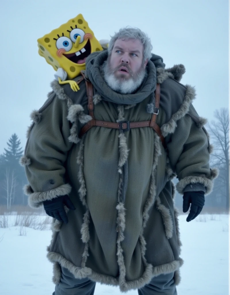 Hodor, a man dressedwith fur in the snow. He is carrying on his back spongebob<lora:Hodor:0.9>