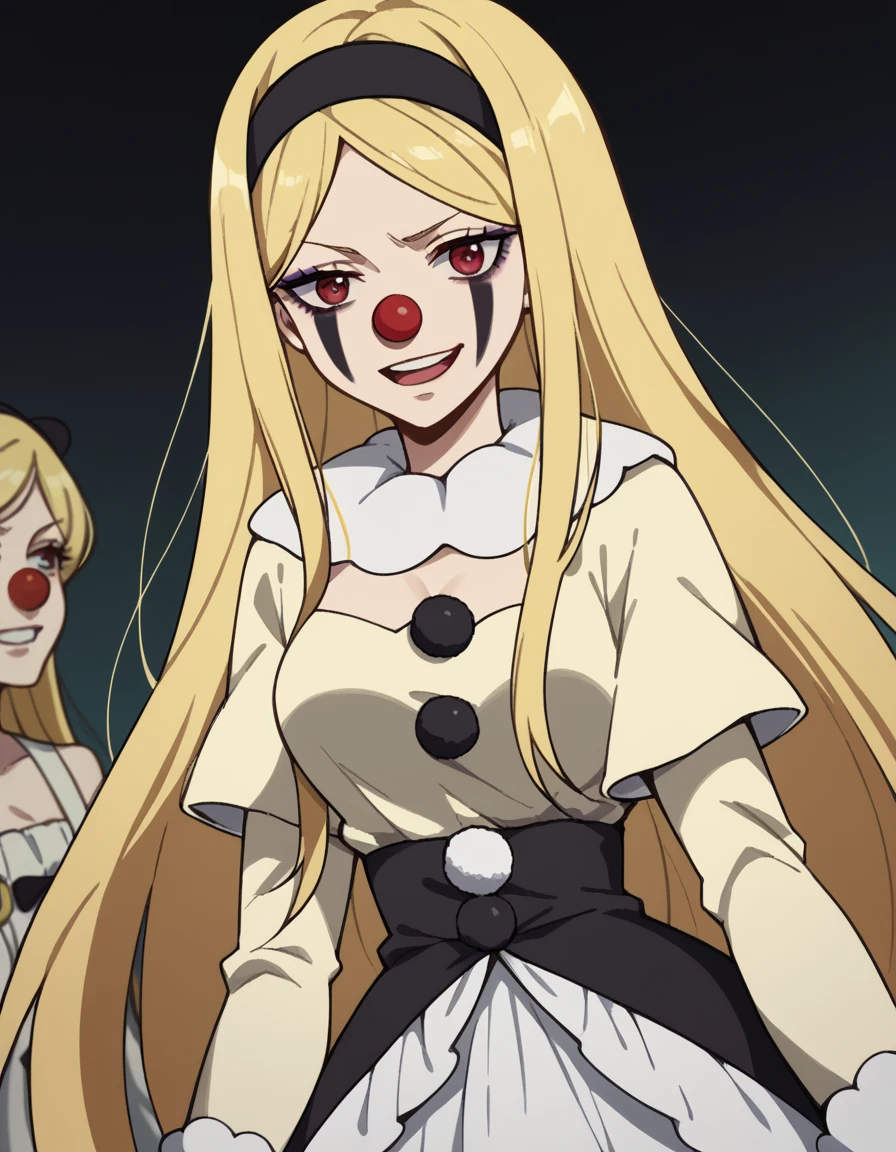 score_9, score_8_up, score_7_up, source_anime, <lora:elizabeth-greenhough-smith-s1-ponyxl-lora-nochekaiser:1>, elizabeth greenhough smith, long hair, blonde hair, red eyes, very long hair, hairband, parted bangs, black hairband, medium breasts,, <lora:clown-ponyxl-lora-nochekaiser:1>, clown, makeup, clown nose, facepaint, gloves, long sleeves, frills, dress,, smile, open mouth, smug, , dutch angle, cowboy shot