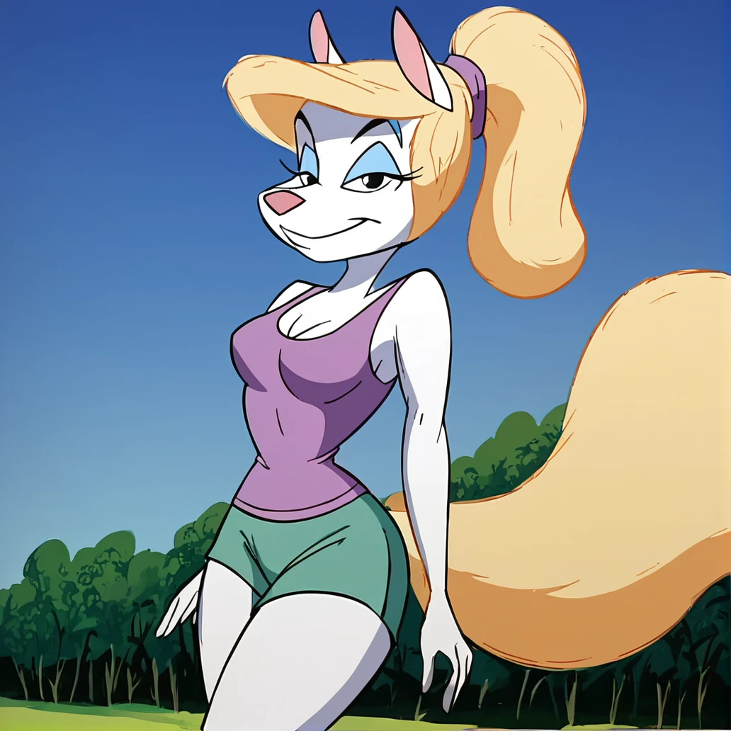 score_9, score_8_up, score_7_up, smile, ((seductive)), outdoors, trees, sky, grass, TVStyle, looking at viewer, ((alluring)) cowboy shot, day, ((dynamic shot))
BREAK
<lora:Minerva_Mink_XL_Animaniacs:1>, minerva mink, 1girl, solo, black eyes, white skin, blue eyeshadow, blonde hair, long hair, breasts, blonde fox tail, furry female, narrow waist, pink animal nose, ((sexy:1.3 pose)), ((ponytail)), jggr, green shorts, purple tank top, Beach,
BREAK
 sharp focus, 8k high definition, intricate details, (intricate), (finely textured),   zPDXL3_634798