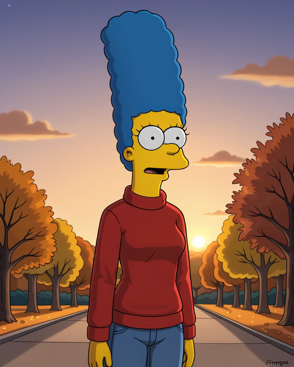 solo,hfmarge the simpsons,blue hair, background, autumn, evening, sunset, <lora:hfmarge114:0.8>