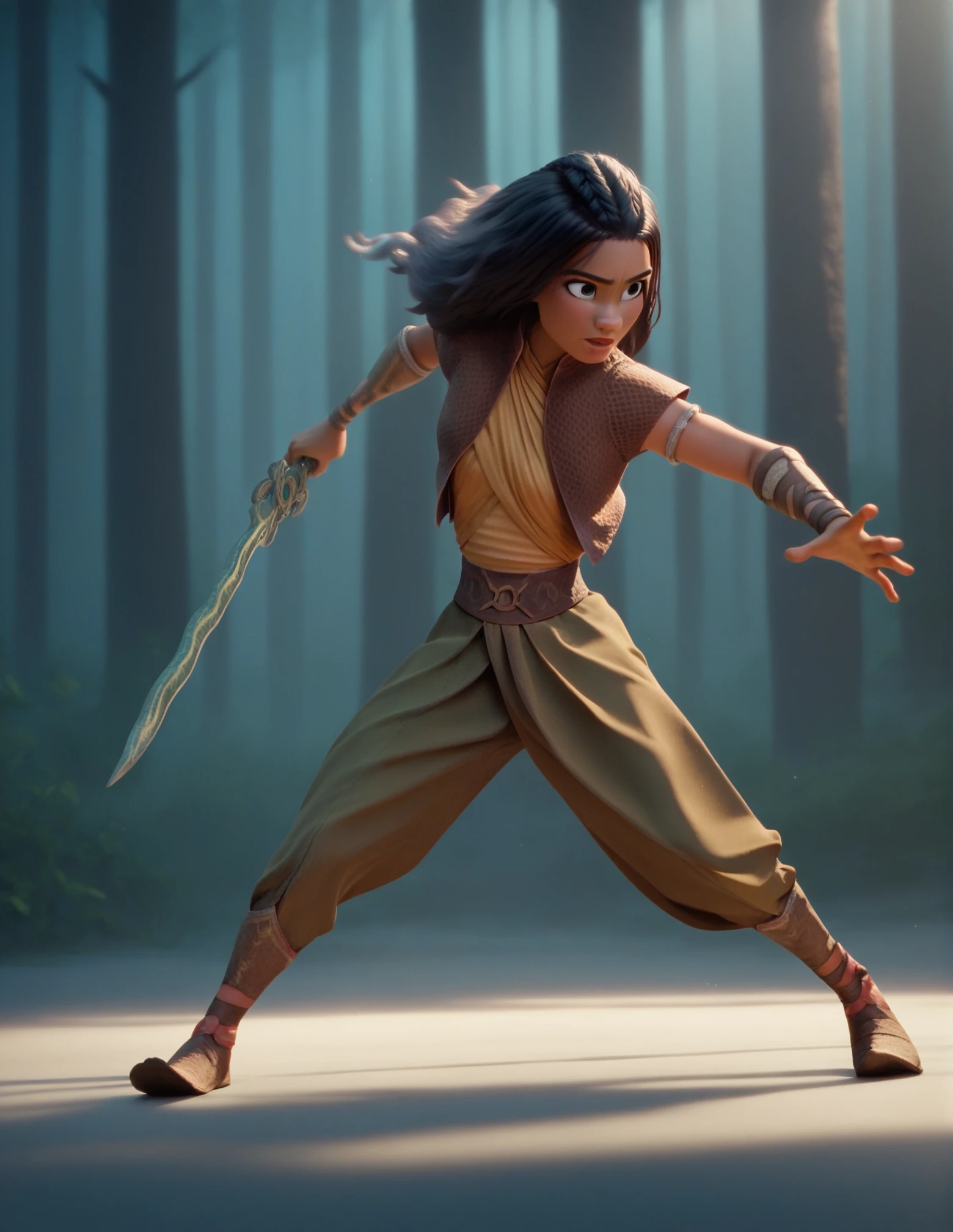 1girl, solo, high contrast, against light, sword, fight pose, dark forest background, black hair<lora:Raya:1> raya, score_9, score_8_up, score_7_up, score_6_up