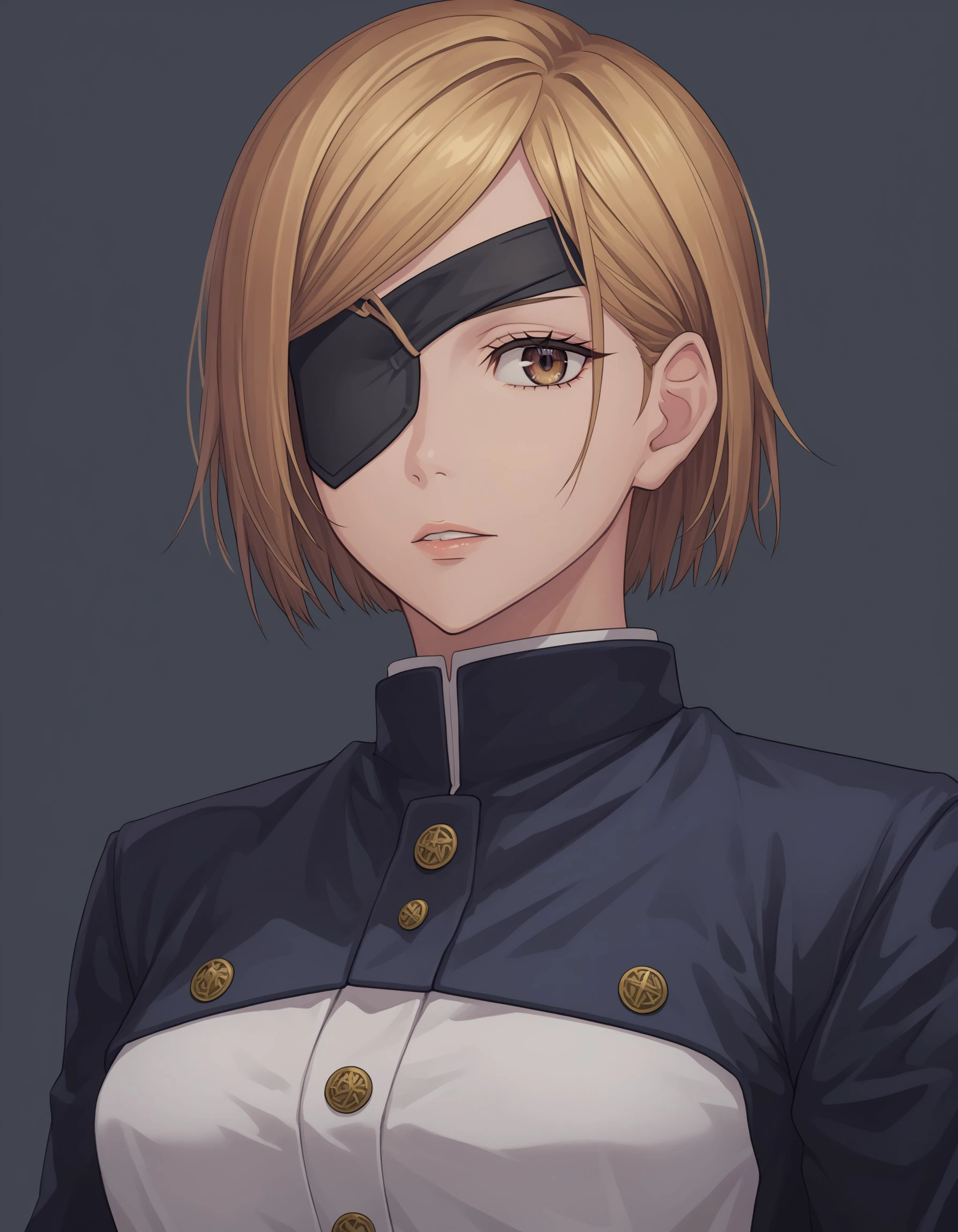 eyepatch, solo, short_hair, 1girl, kugisaki_nobara, school_uniform, yellow_background, blonde_hair, brown_eyes, gakuran, upper_body, parted_lips, one_eye_covered, looking_at_viewer, black_jacket, score_9, score_8_up, score_7_up, masterpiece, best quality, very aesthetic, absurdres, <lora:57a177e0-e44e-45e4-a59d-d269af0302ec:0.7>