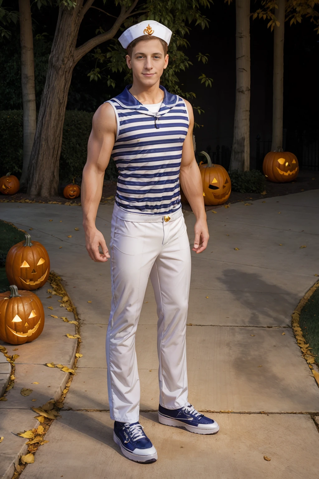 golden hour, Halloween, neighborhood sidewalk, trees, yard, trick or treating, standing, DaltonRiley, slight smile, sexysailor, hat, striped shirt, pants. sailor collar, sneakers,  (male focus), (((full body portrait))), wide angle  <lora:DaltonRiley:0.8>  <lora:Clothing - Sexy Sailor:0.65>