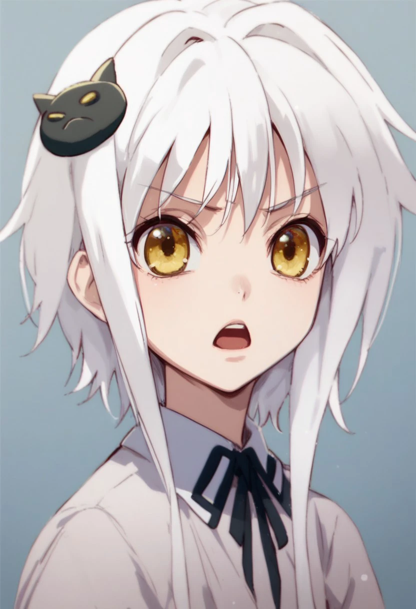 score_9, score_8_up, score_7_up, 
k0n3k0t0uj0u,Koneko Toujou,1girl, solo, short hair, open mouth, hair ornament, yellow eyes, white hair, sidelocks, parody, short hair with long locks