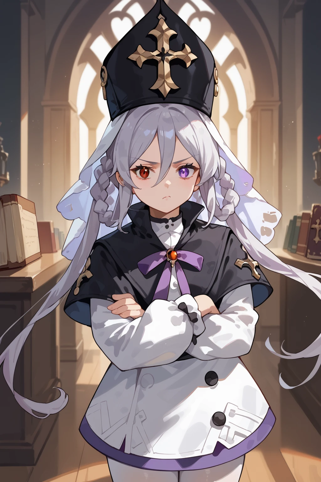 pout, crossed arms, score_9, score_8_up, score_7_up, uncensored, source_anime, <lora:dubra6135:1>, hair between eyes, heterochromia, red eyes, long hair, grey hair, twintails, purple eyes, braided hair rings,
black hat, mitre, cross, white veil,
black capelet, jewelry, purple ribbon, gem, brooch,
white dress, buttons, puffy long sleeves, black bowtie, book,
white pantyhose,