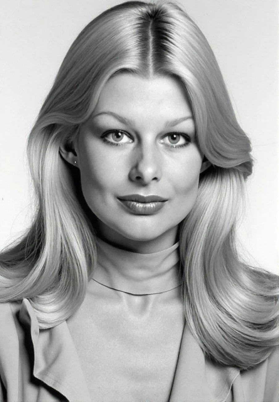 A professional black and white upper body portfolio photograph from the late 1970s of a young woman with long blonde hair, Jilly_Johnson, wearing a highnecked blouse, against a plain background, shot on analog film, striking makeup, detailed skin, (SFW)<lora:Jilly_Johnson-000018:1>