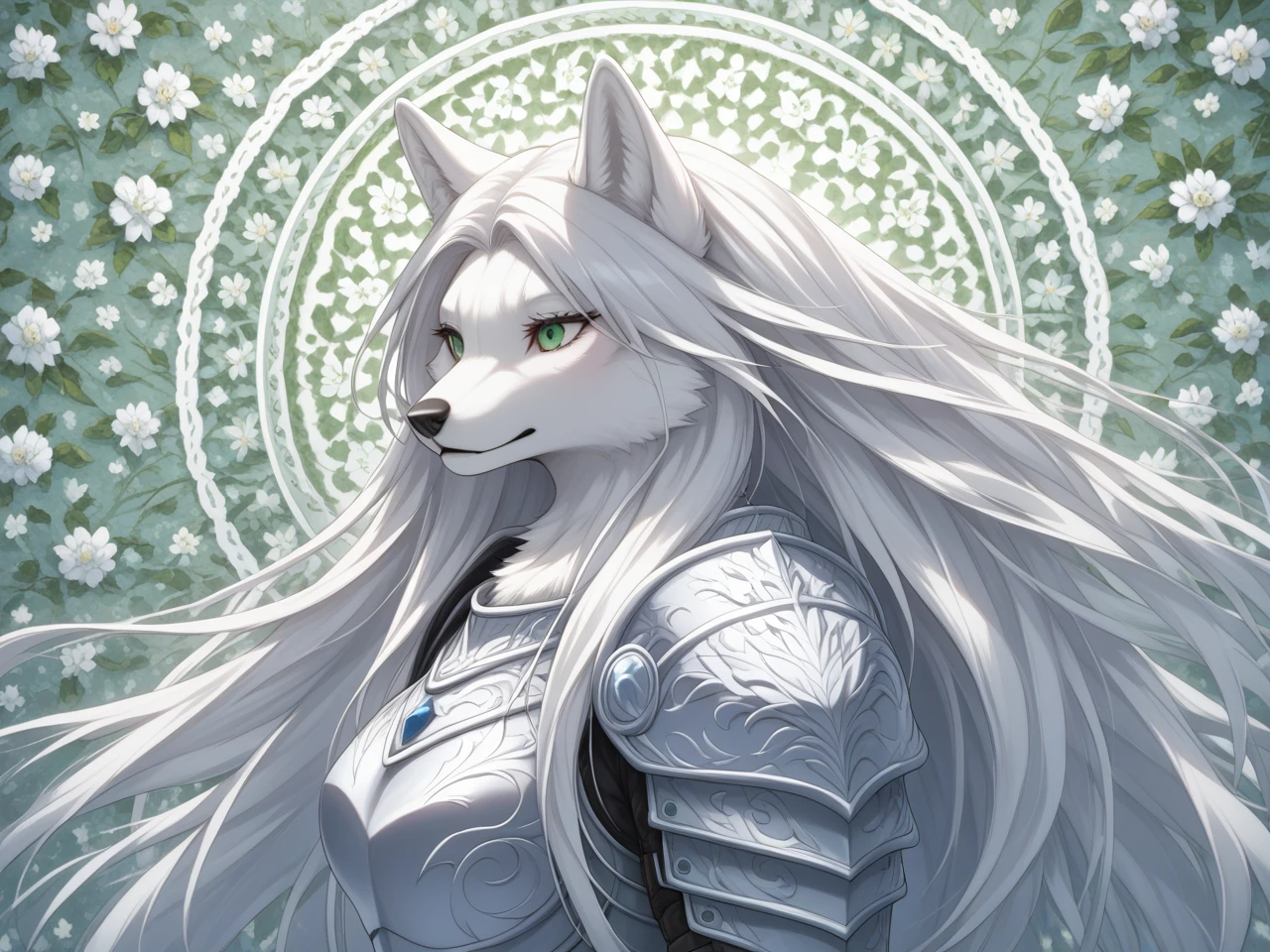 (masterpiece), (best quality), source_anime, perfect anatomy, digital_media_(artwork) hi_res, intricate, high quality, amazing quality, Highly Detailed, Perfect Face, ((furry female, arctic wolf, furry, (white hair, long hair, white fur)), green eyes, ((solid black fur))), detailed background, (white armor, floral patterns), semi-realistic, symphtia-style