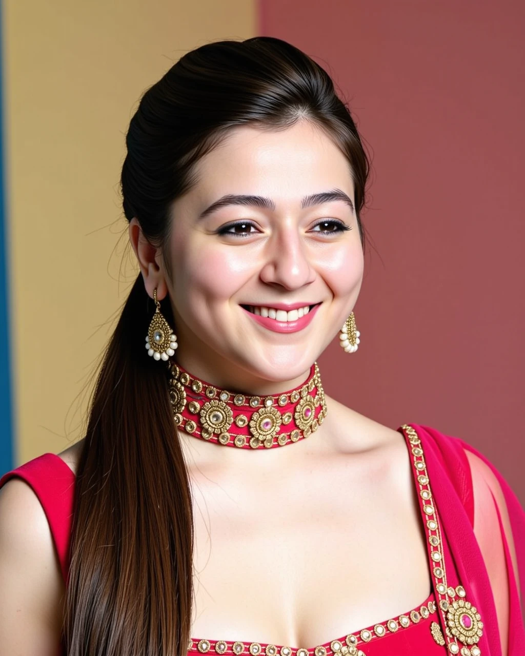 headshot photo of Priyal Gor woman,candid photo with natural colors, laughing expression on face,studio quality, wearing intricate high neck elegant Crimson sleeveless Lehenga Choli, high ponytail, pastel shaded multicolored background, cinematic lighting<lora:TestBed\Priyal_Gor_Flux_Kohya_V1-000002.safetensors:1.0:1.0>