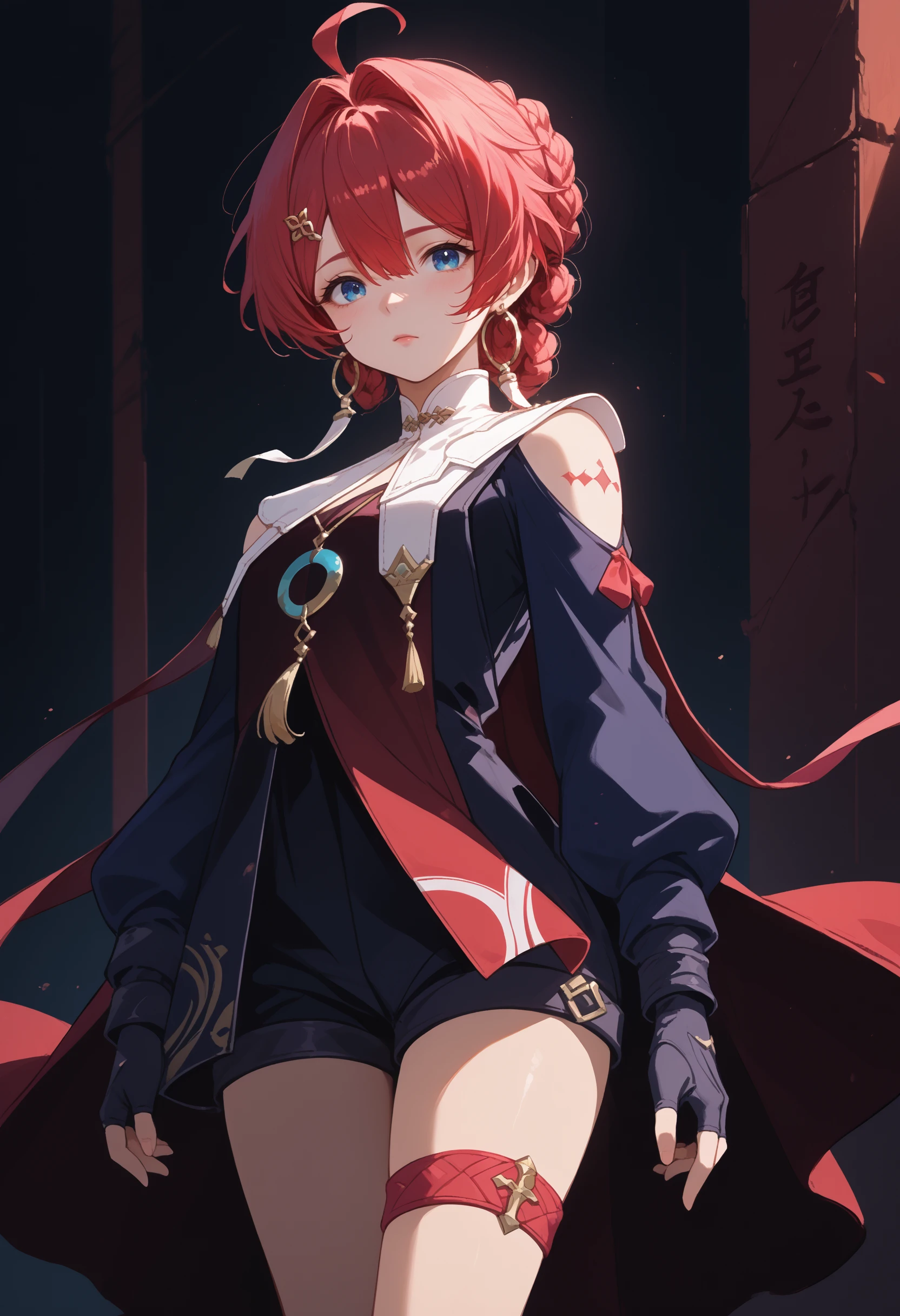 score_9,score_8_up,score_7_up,source_anime,<lora:IsekWutheringWavesDanjin:1>,isekwwdnj,red hair,short hair,blue eyes,ahoge,hair between eyes,hair intakes,hair bun,black gloves,hair ornament,clothing cutout,long sleeves,shoulder cutout,fingerless gloves,thigh strap,dress,hairclip,black shorts,earrings,jewelry,braid,