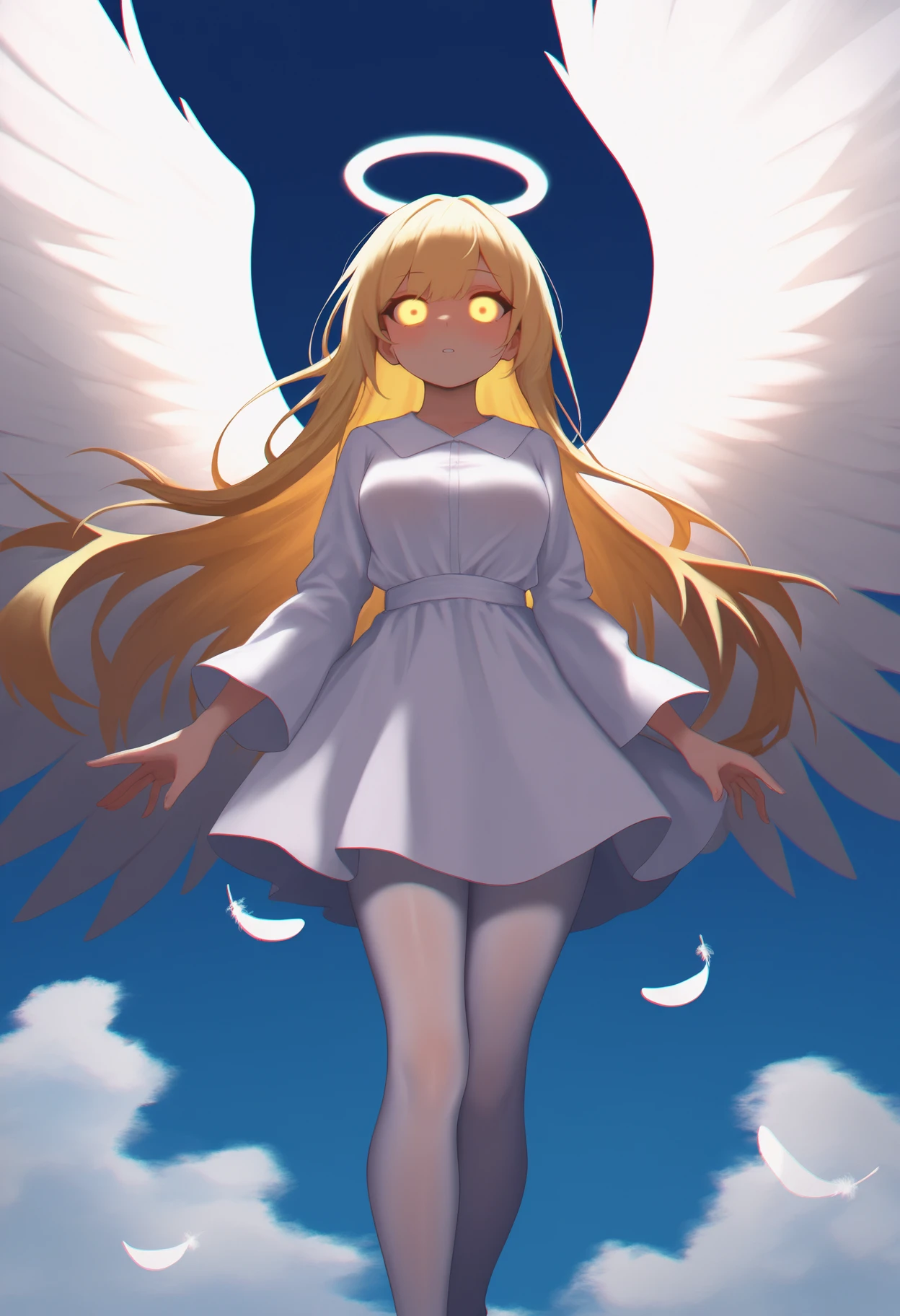 gritty, chromatic aberration, film grain,dim lighting, amazing quality, beautiful color,
best quality, amazing quality, very aesthetic, absurdres,
BREAK
1girl, long hair, blonde hair, white theme, angel wings, white dress, feathers, sky, detailed background, white background, halo, white pantyhose, spread wings, outstretched, blue sky, cloud,
looking at viewer, yellow eyes, glowing eyes,