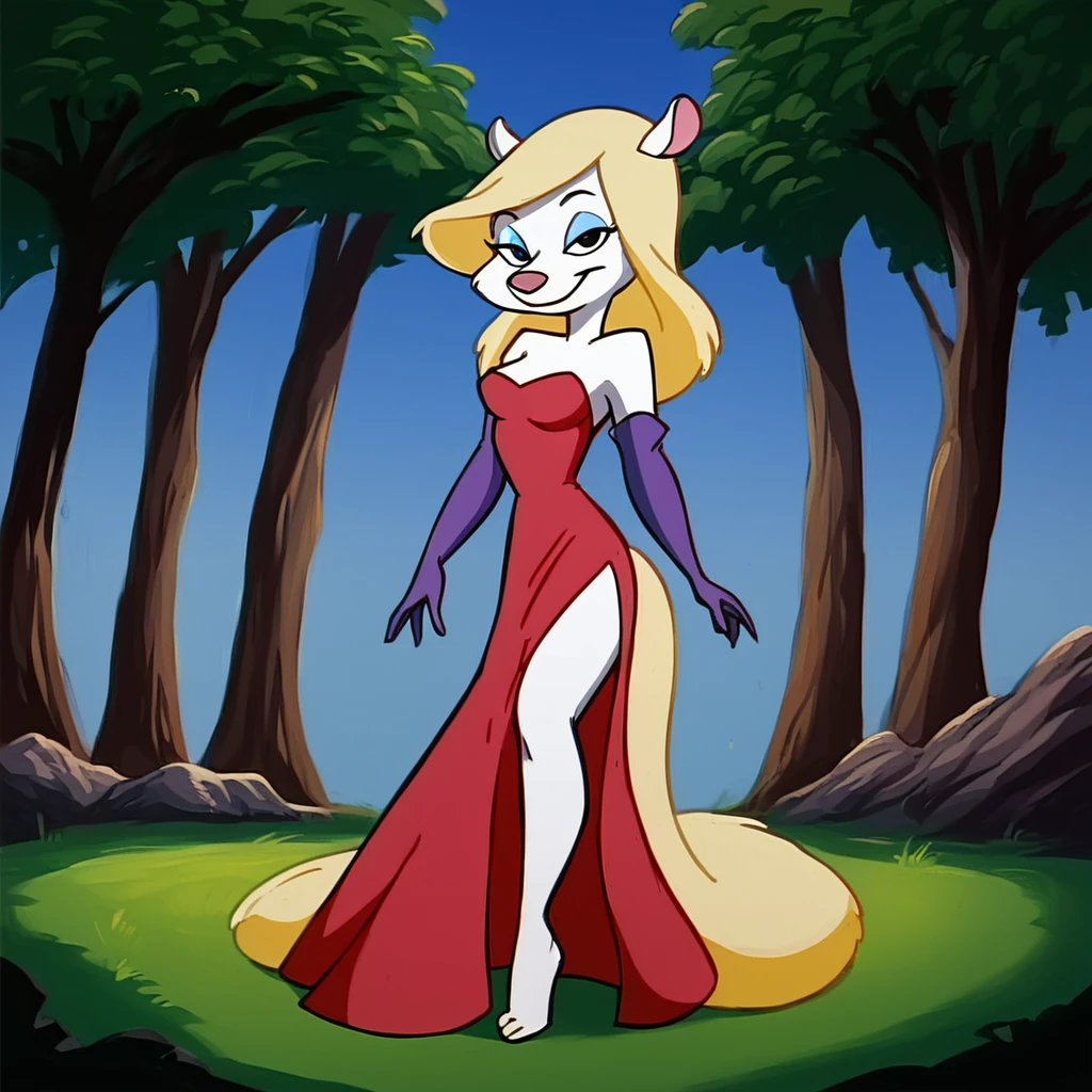 score_9, score_8_up, score_7_up, smile, ((seductive)), outdoors, trees, sky, grass, TVStyle, looking at viewer, ((alluring)) cowboy shot, day, ((dynamic shot))
BREAK
<lora:Minerva_Mink_XL_Animaniacs:1>, minerva mink, 1girl, solo, black eyes, white skin, blue eyeshadow, blonde hair, long hair, breasts, blonde fox tail, furry female, narrow waist, pink animal nose, ((sexy:1.3 pose)), strapless, jssca, red dress, purple elbow gloves, full body, 
BREAK
 sharp focus, 8k high definition, intricate details, (intricate), (finely textured),   zPDXL3_634798