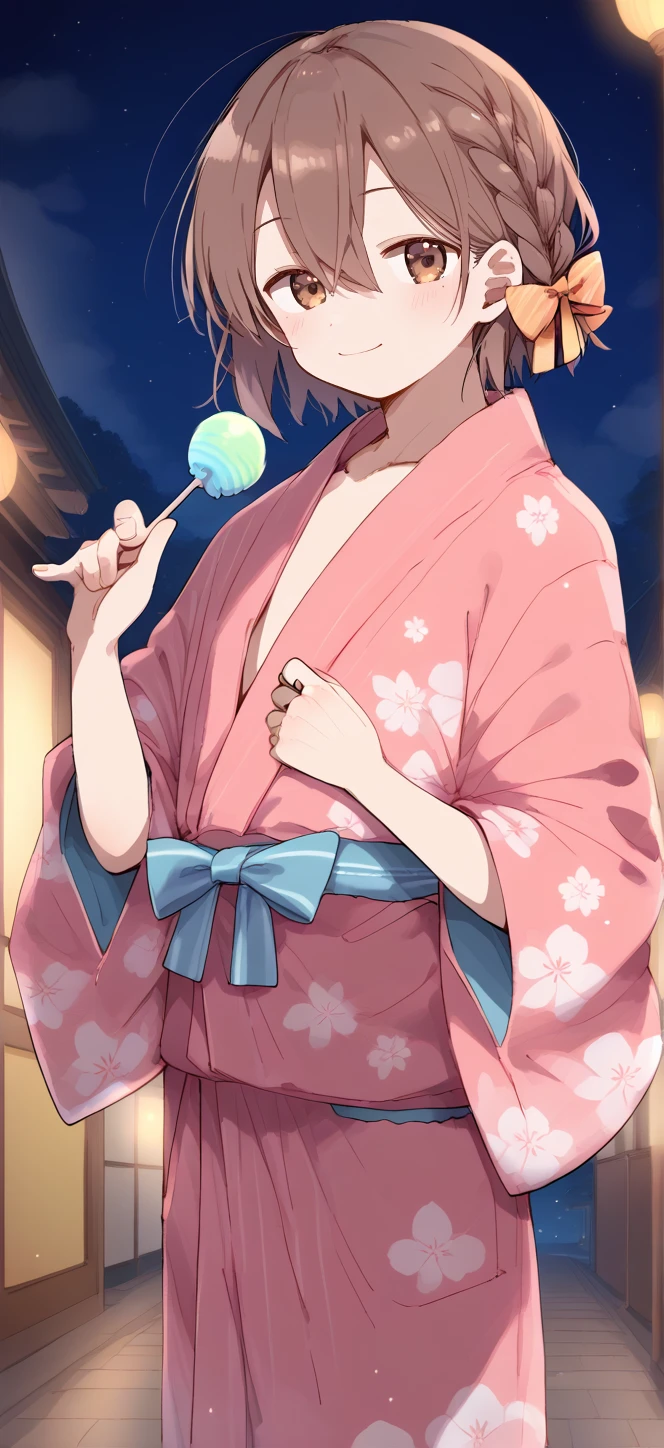 1boy,solo,male focus,asuka,brown hair,short hair,hair between eyes,brown eyes,braid,frills,bow,hair bow,smile,yukata,night,japanese festival,holding cotton candy