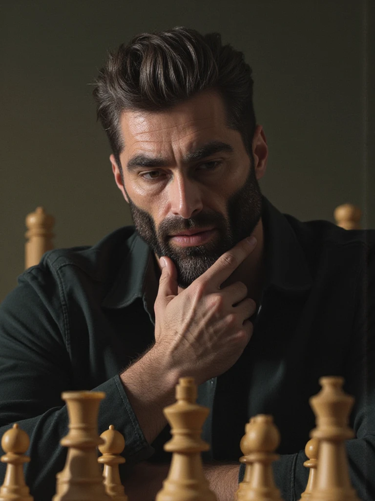 movie scene, still of gigachad man,
playing chess , looking down, thinking, finger touching chin
, faded colors, washed out image, film grain, 90s analog photo
