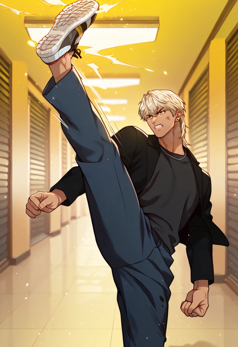 1boy, male focus, solo,
<lora:Character - Questism - JaehaHanPony-40:1> jaehahan, blonde hair, brown eyes, necklace, stud earrings, dark-skinned male,
,((zPDXL)), score_9_up, score_8_up, score_7_up, score_6_up, score_5_up, score_4_up, best quality, amazing quality, best aesthetic, amazing aesthetic, absurdres, year2023, uncensored, very nsfw, official art, official style, depth of field, detailed eye,
, night, hallway, indoors, black shirt, jacket, pants, angry, (kicking:1.4), motion lines, serious, dirty face, dirty clothes, dirty, clenched teeth, fighting stance, shoes, fighting,
<lora:Style - Expressive_H-000001:1> expressiveh