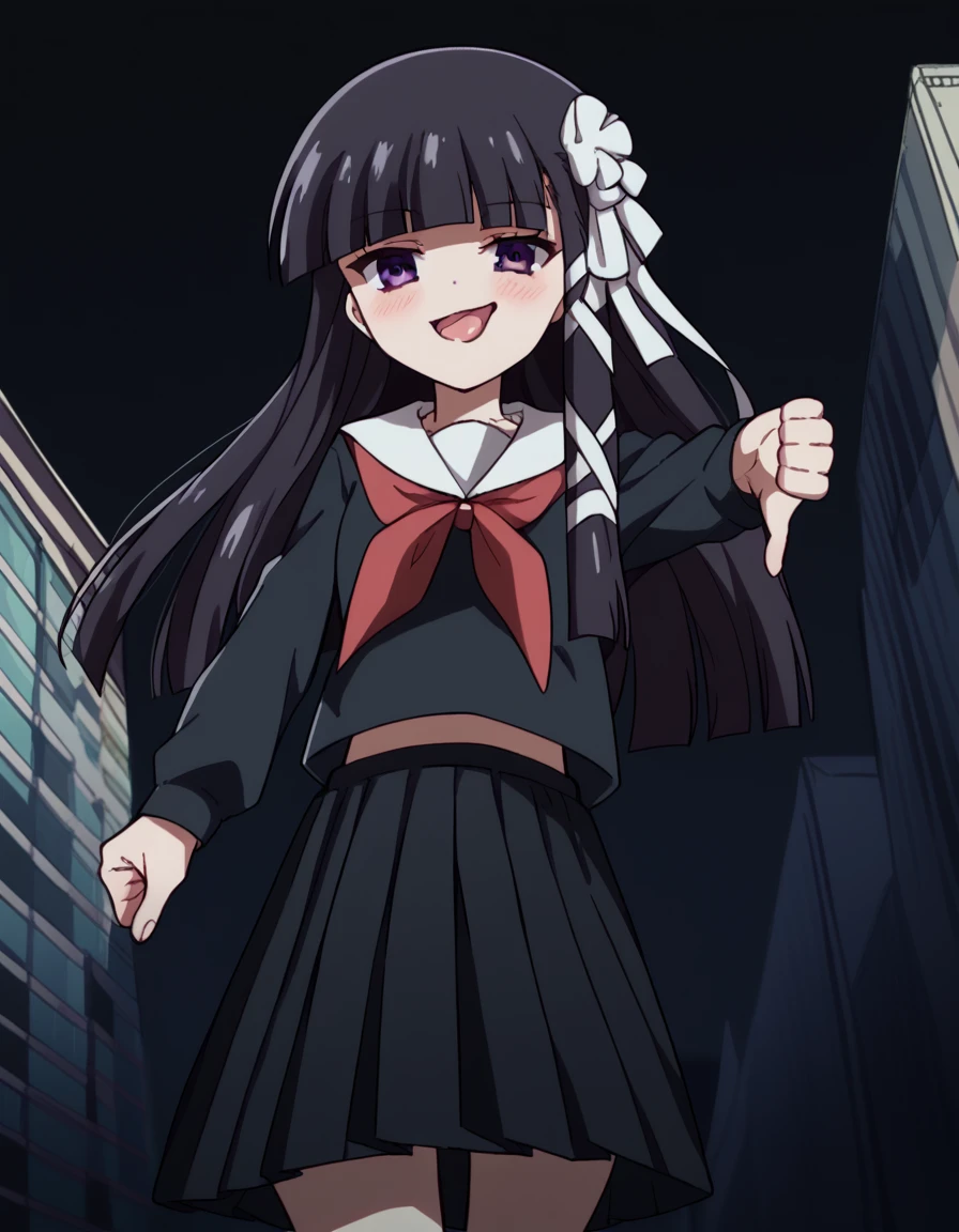 score_9, score_8_up, score_7_up, source_anime, <lora:momoko-suzuki-AA-ponyxl-lora-nochekaiser:1>, momoko suzuki, long hair, bangs, black hair, ribbon, purple eyes, hair ribbon, blunt bangs, hime cut, skirt, long sleeves, school uniform, pleated skirt, serafuku, black skirt, black serafuku, red neckerchief,, sidewalk, pedestrians, city, street, walking, , <lora:thumbs-down-ponyxl-lora-nochekaiser:1>, thumbs down, blush, from below, smug, tongue, tongue out, open mouth, black background, looking at viewer, solo,, dutch angle, cowboy shot