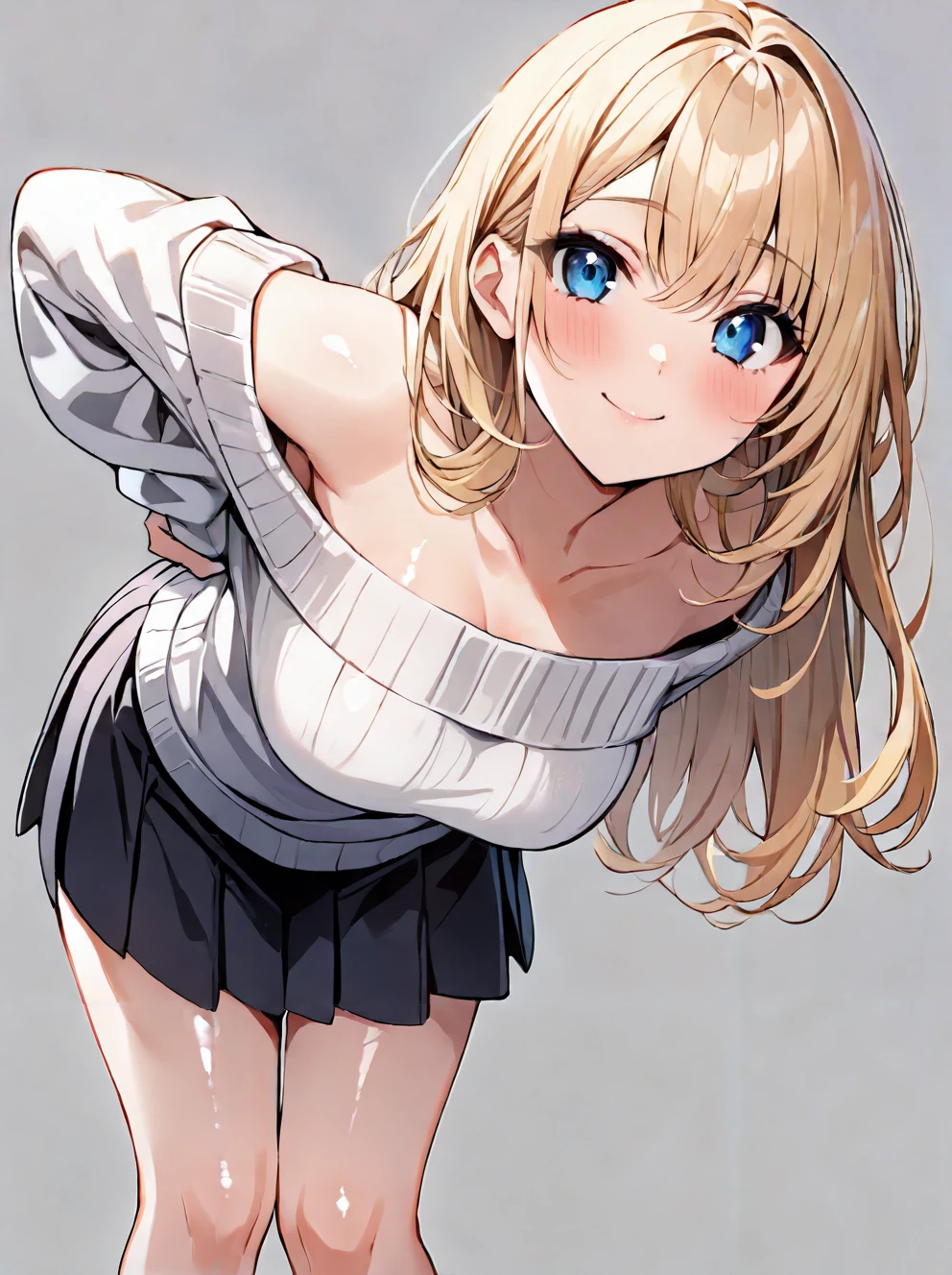 masterpiece,ultra-detailed,best quality,8K,illustration,cute face,clean skin ,shiny hair,girl,ultra-detailed-eyes,simple background   <lora:off-shoulder sweater_illustrious_V1.0:1> off-shoulder sweater, long sleeves, sleeves past wrists,skirt,hands behind back,bent over,smile