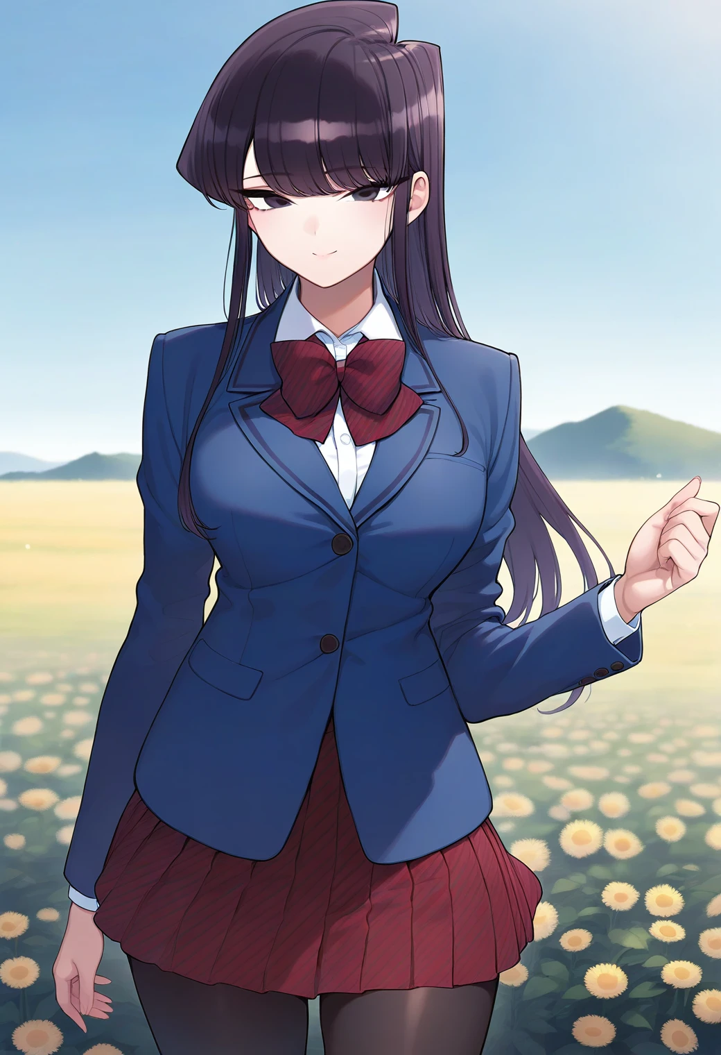 smile, cowboy shot, 
komi_shouko, black eyes, black hair, long hair, school uniform, red bowtie, blue jacket, blazer, long sleeves, striped, pleated skirt, red skirt, black pantyhose, <lora:komi_shouko_illustrious_ver1:0.8>, masterpiece, best quality, sensitive,, 1girl, solo, (field:1.2), (blue sky:1.2),