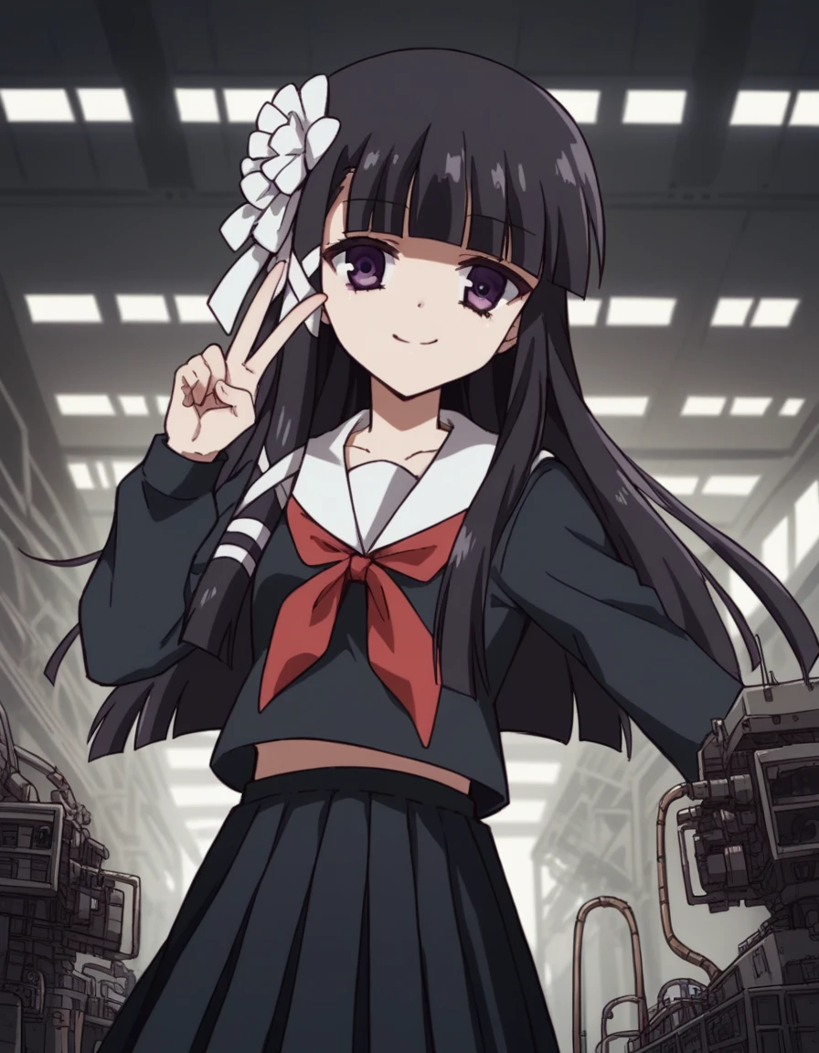 score_9, score_8_up, score_7_up, source_anime, <lora:momoko-suzuki-AA-ponyxl-lora-nochekaiser:1>, momoko suzuki, long hair, bangs, black hair, ribbon, purple eyes, hair ribbon, blunt bangs, hime cut, skirt, long sleeves, school uniform, pleated skirt, serafuku, black skirt, black serafuku, red neckerchief,, industrial, machinery, metal, large, factory, smile, v, v over eyes,, looking at viewer, solo,, dutch angle, cowboy shot